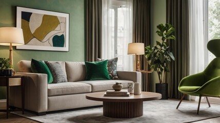 Cozy Modern Living Room with Vibrant Green Accents and Natural Light