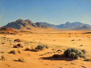 Desert landscape, mountains, vast plain, sunlight