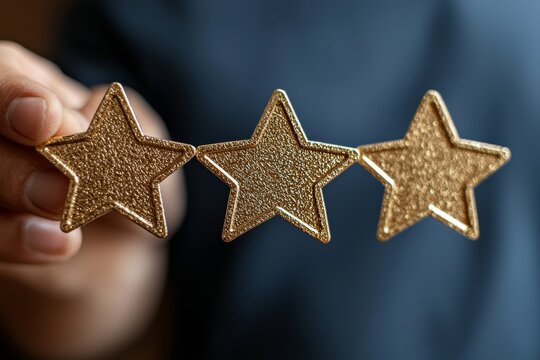 A business executive exhibits exceptional quality assurance, highlighted by golden stars, demonstrating quality control certification, standardization, and commitment to the ISO service concept