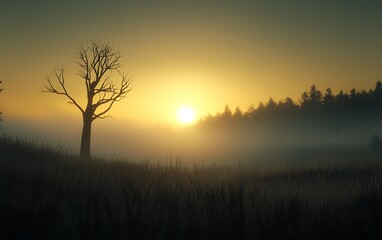 Fototapeta premium Misty Sunrise Field with Lonely Tree