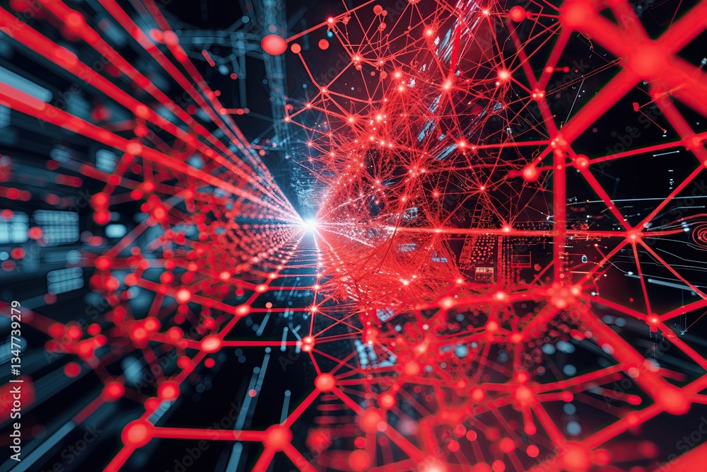 Poster dynamic red poster showcasing complex technology connectivity and patterns for enhanced visualizatio