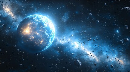 Planet under asteroid barrage in space
