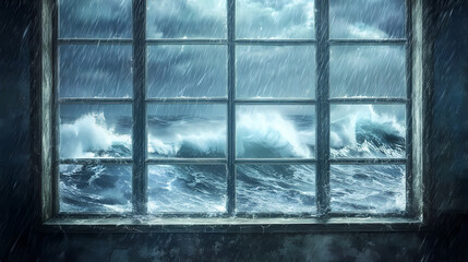 Dramatic rain-soaked window with stormy waves crashing against the glass, evoking nature's raw power. Primordial Glass. Illustration