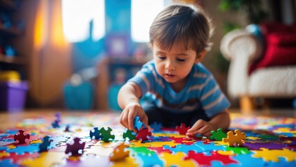 Fototapeta premium Curious Child Solving a Puzzle and Enhancing Cognitive Skills