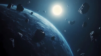 Naklejka premium Planet and Asteroids Floating in Space
