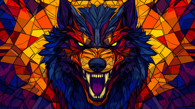 Ferocious monstrous wolf-like figure with aggressive expression in stained glass style against a vivid background. Primordial Glass. Illustration