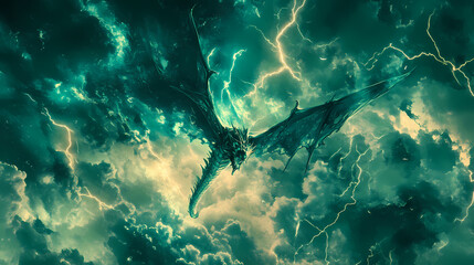 Immense emerald dragon gliding amidst roiling stormy skies silhouetted by arcs of electricity. Primordial Glass. Illustration