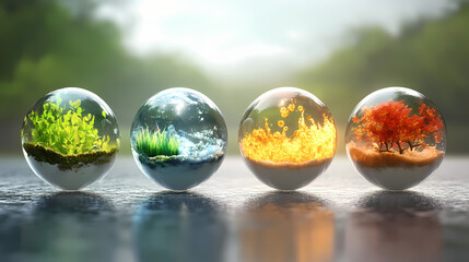 Nature's four elements in minimalist glass globe design. Primordial Glass. Illustration