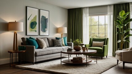 Cozy Modern Living Room with Vibrant Green Accents and Natural Light