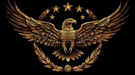 Obraz premium Majestic golden eagle emblem with stars and laurel wreath, symbolizing strength