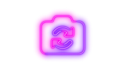Neon camera rotate symbol icon pink purple color glowing with transparent background