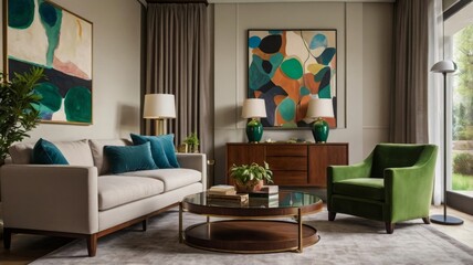 Cozy Modern Living Room with Vibrant Green Accents and Natural Light