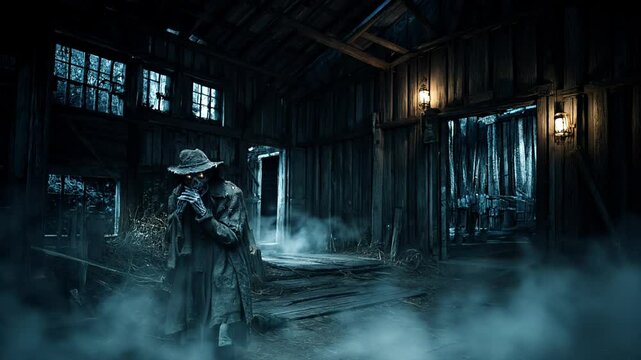 A skeletal figure, wearing a tattered coat and a wide-brimmed hat, playing a haunted harmonica inside an old, abandoned barn in the Appalachian mountains