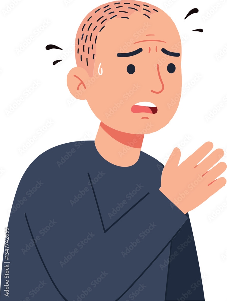 Poster concerned man with a worried expression in a minimal style, sweating and showing anxiety, captured i