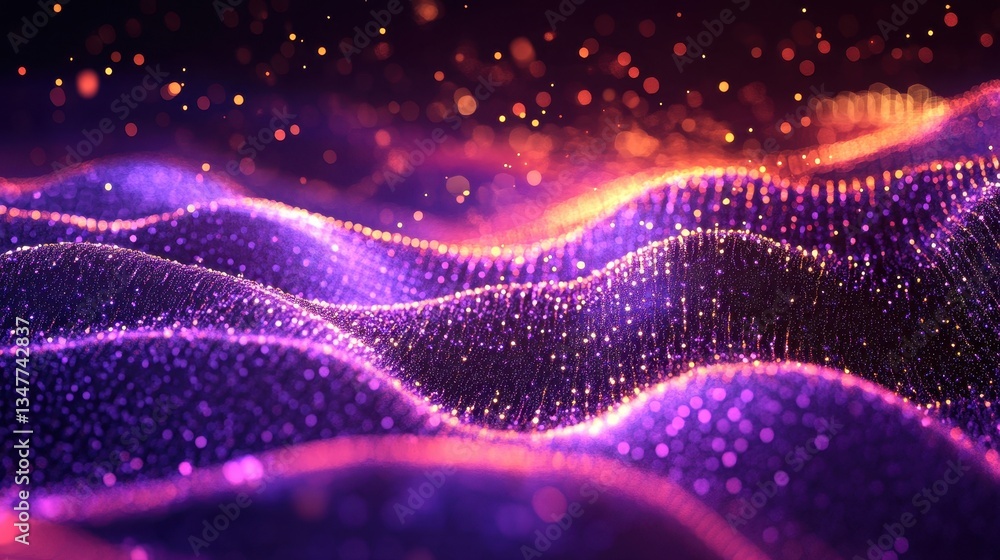 Poster abstract purple landscape made of shining particles with bokeh effect. it is perfect for backgrounds