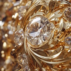 Magnificent golden artwork with brilliant-cut diamonds shining bright photos