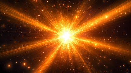A bright orange light bursts from the center, spreading outward in a starburst pattern against a black background. Celestial Black. Illustration