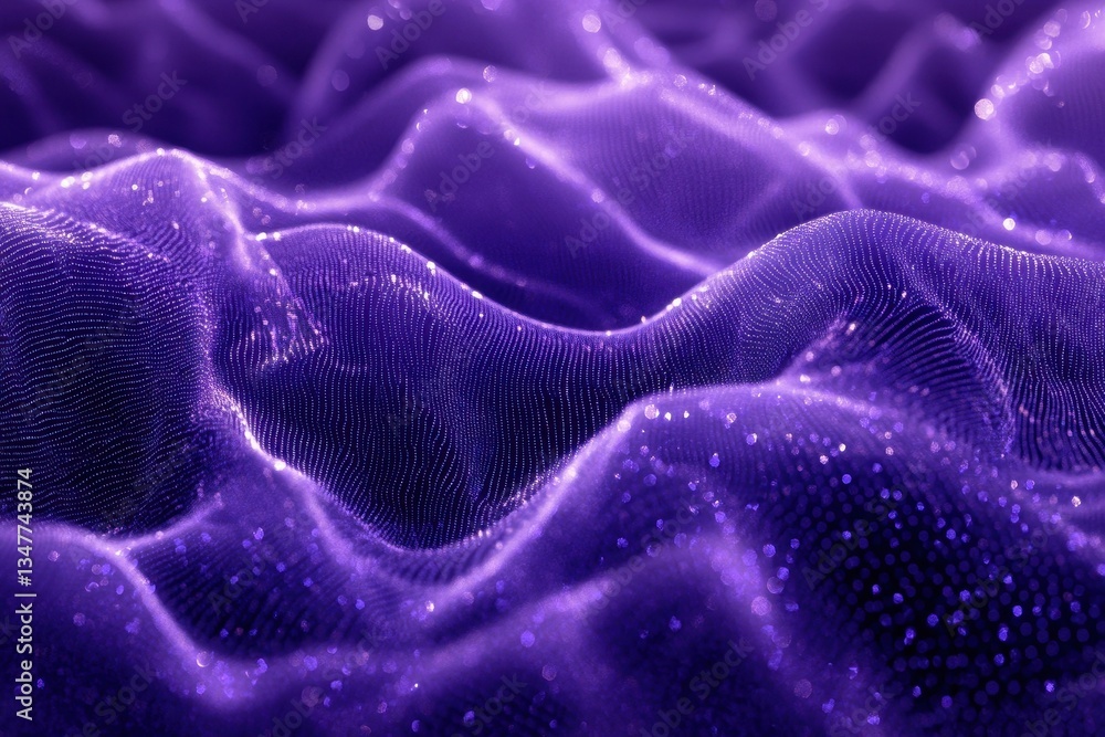Poster wavy purple surface made of tiny, glittering particles and elegant lighting. ideal for backgrounds, 