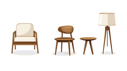 Illustration of modern furniture set featuring a chair, stool, and lamp for contemporary interior design