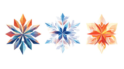Colorful geometric snowflake illustration featuring three unique designs in modern style with vibrant hues and intricate patterns