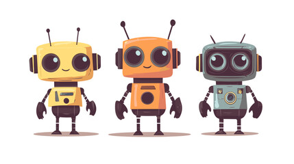 Fototapeta premium Colorful robot characters with cheerful expressions in a modern illustration style for a playful setting