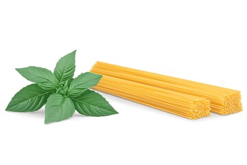 Fresh basil leaves and dried spaghetti noodles on a white background