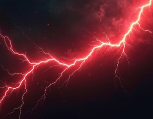 Red lightning strike on dark sky. Electric power effect, neon thunderstorm, energy flash explosion. Dramatic dynamic force, vibrant bright light burst. Graphic illustration of magic shock, storm.
