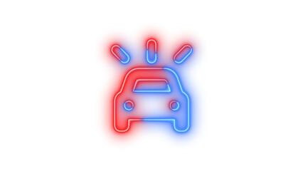 Neon car on symbol icon blue red color glowing with transparent background