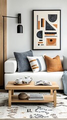 Modern living room with art and cozy seating