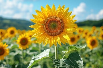 Fototapeta premium Vibrant sunflower field bright summer day