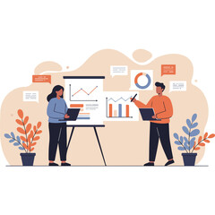 Business Teamwork and Data Analysis Illustration Office Meeting, Analytics, Growth Strategy.