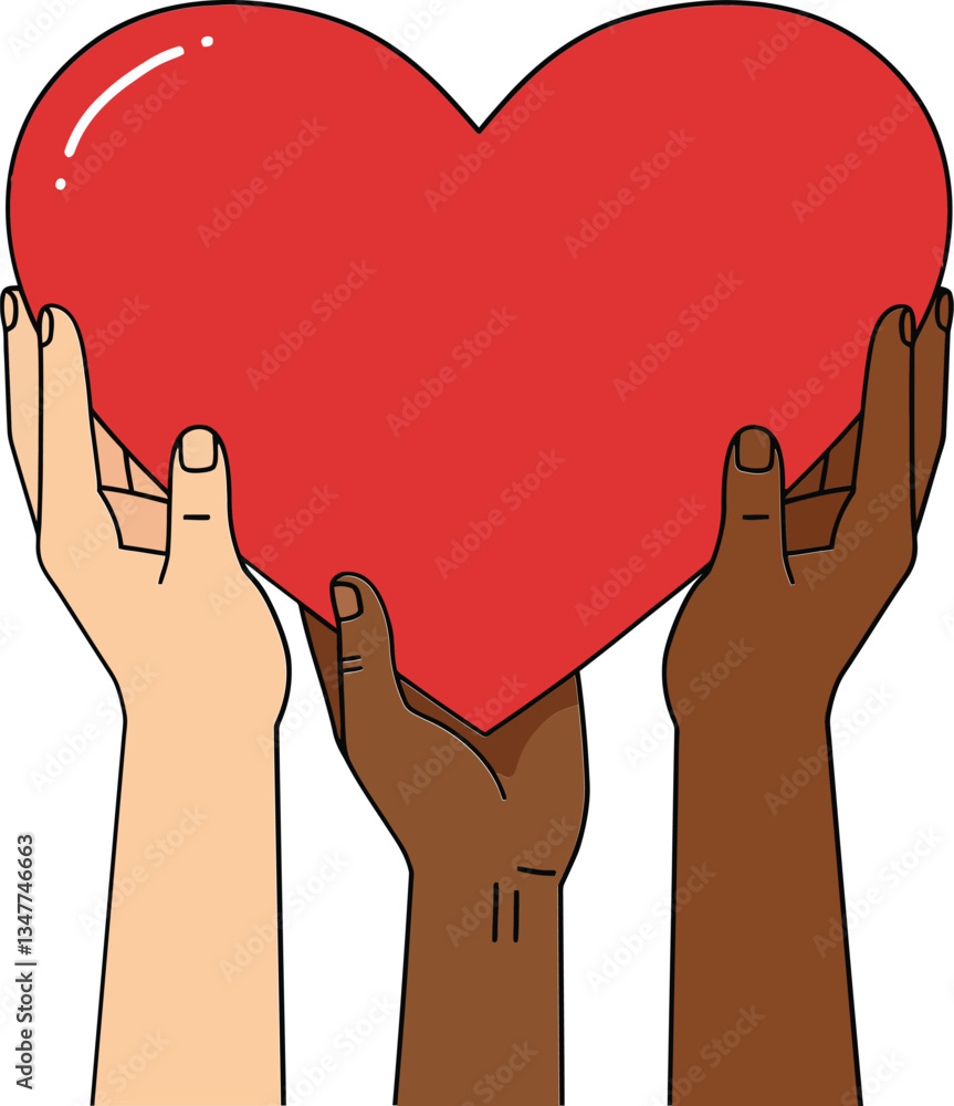 Poster three diverse hands joyfully uplifting a large glossy red heart in a minimal and modern design style
