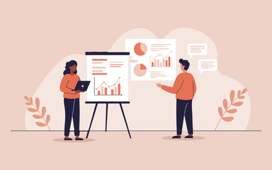 Business Teamwork and Data Analysis Illustration Office Meeting, Analytics, Growth Strategy.