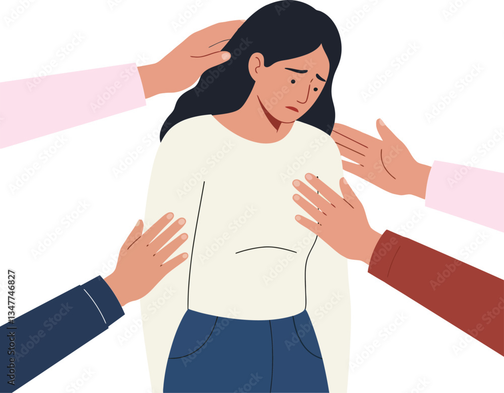 Poster a woman with a distressed expression surrounded by multiple reaching hands in a flat design style, c
