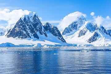 Majestic snow covered mountains and icy water under a blue sky