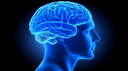 Illuminated Blue Rendering Of A Human Brain And Head