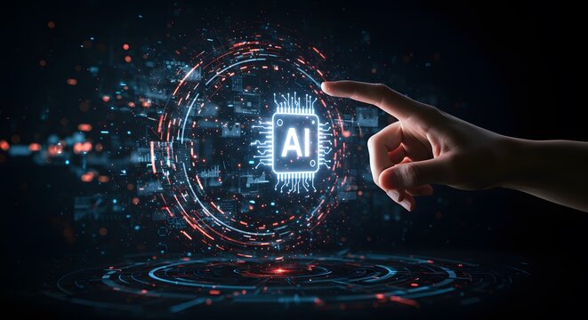 Touching Artificial Intelligence Chip Concept with Hand and Futuristic Technology - Powered by Adobe