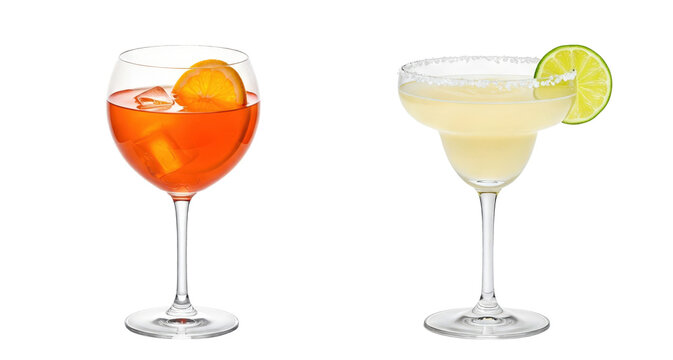 Classic Margarita cocktail, Aperol spritz, transparent PNG set, isolated background. Bar menu cocktails, margarita glass. Colorful refreshing drink with garnish