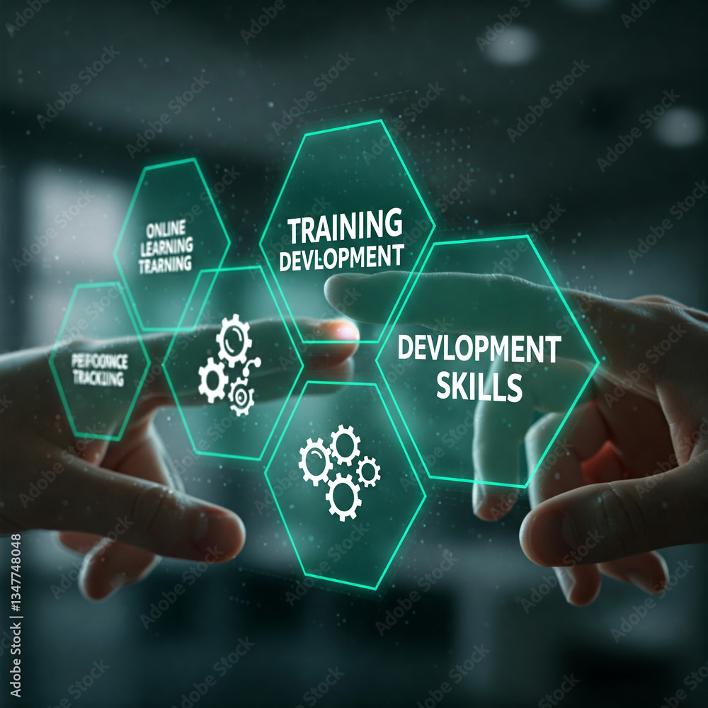 Poster hands interacting with a digital interface showcasing training development and skill development con
