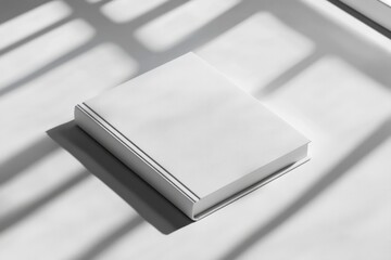 A closed book rests in sunlight with window shadows