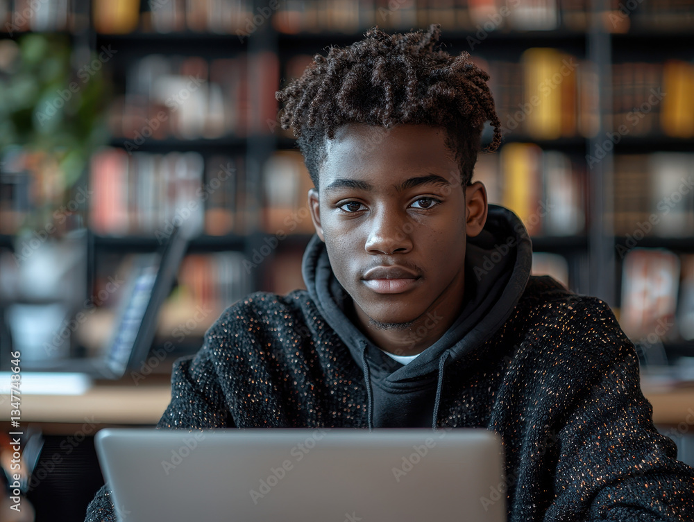 Poster teenager engaged in online coding lessons at a modern desk setup with plants and books in the backgr