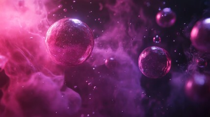 Fototapeta premium Pink and Purple Spheres Float in a Nebulous Cloud