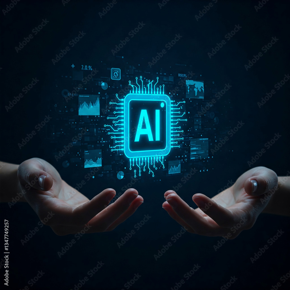 Poster glowing ai microchip symbol held in hands against a dark blue background with data visualizations, s