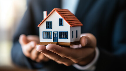 赤い屋根の家を持つビジネスマン