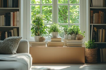 Obraz premium Neatly packed boxes of books and decor in a bright modern interior