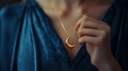 Golden crescent moon necklace held elegantly creating enchanting ambiance