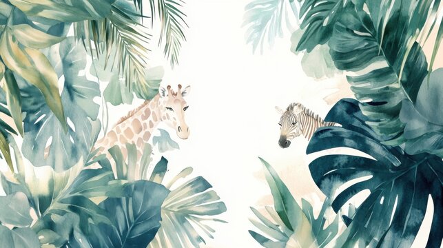 Ilustraci&oacute;n de jirafa y cebra en un entorno tropical