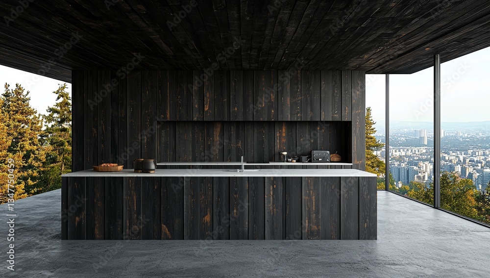 Poster a dark matte modern kitchen room is visualized through a 3d rendering design created by generative a