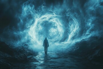 Solitary figure walks toward swirling ethereal portal.