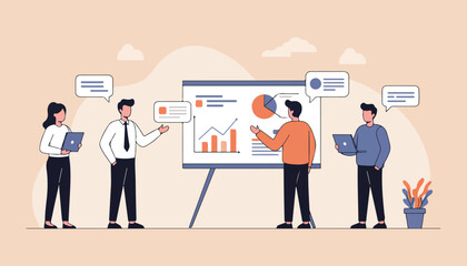 Business Teamwork and Data Analysis Illustration Office Meeting, Analytics, Growth Strategy.